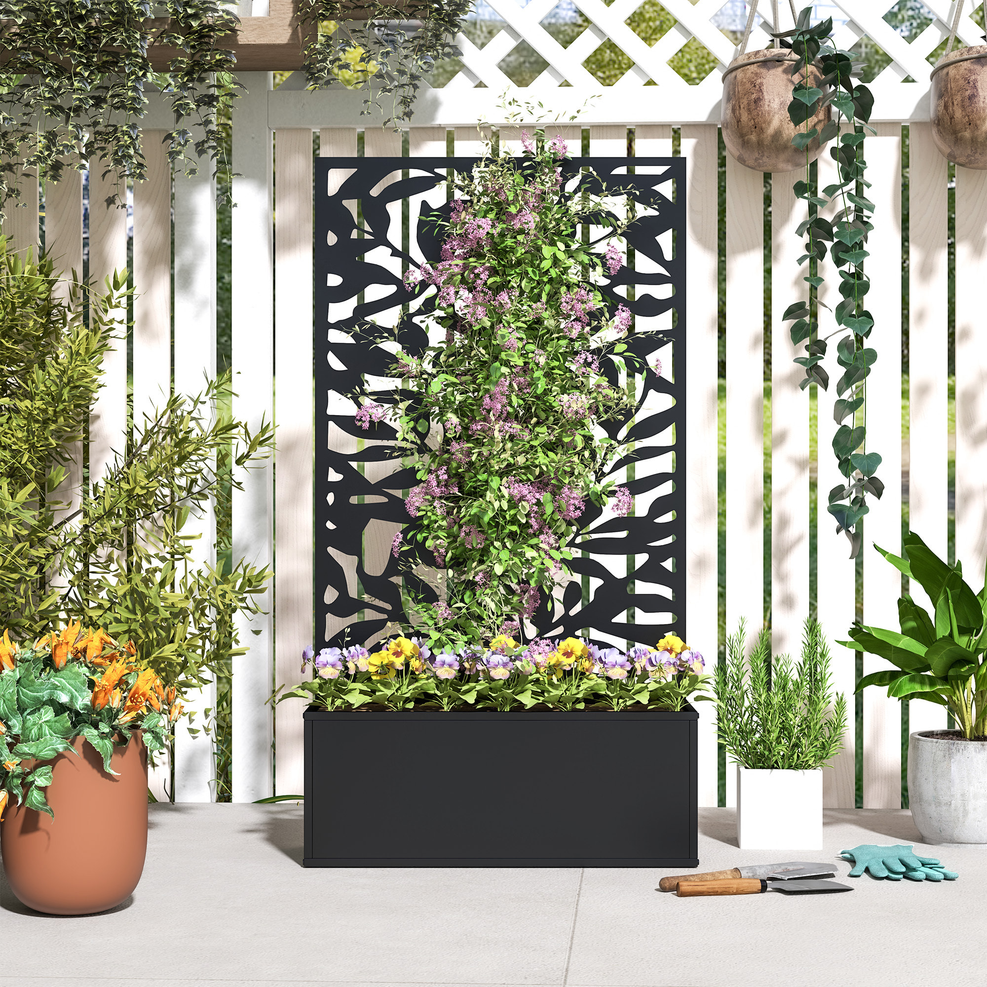 Jardinera Exterior Grande de Metal Jardinera con Pantalla de Privacidad de Hojas Sólidas Decorativas Jardinera de Pared o Independiente para Patio Terraza 61x23x113 cm Negro