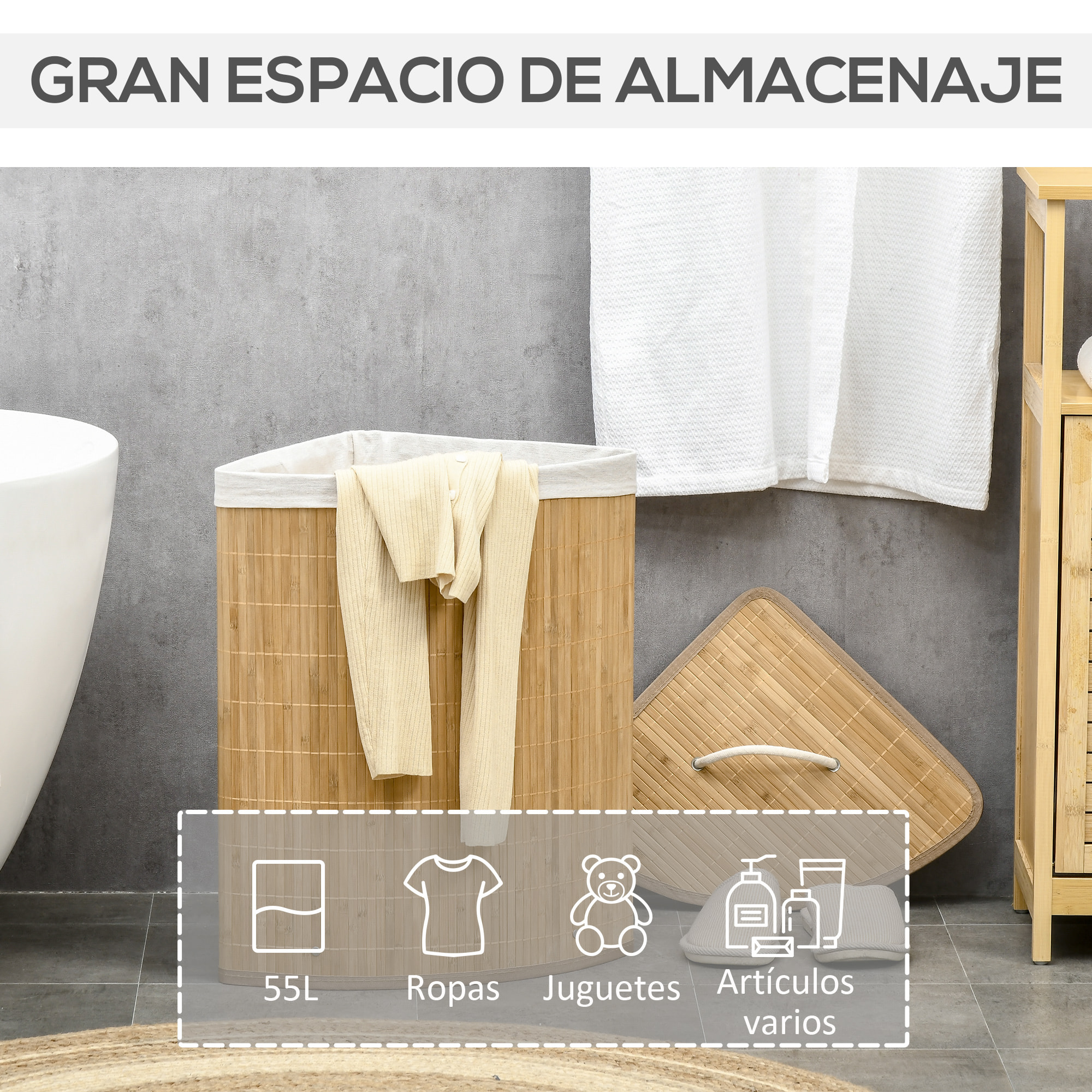 HOMCOM Cesto para Ropa Sucia de Bambú Capacidad de 55L Cesta para la Colada en Forma de Abanico con Tapa y Bolsa Extraíble 38x38x57 cm Natural