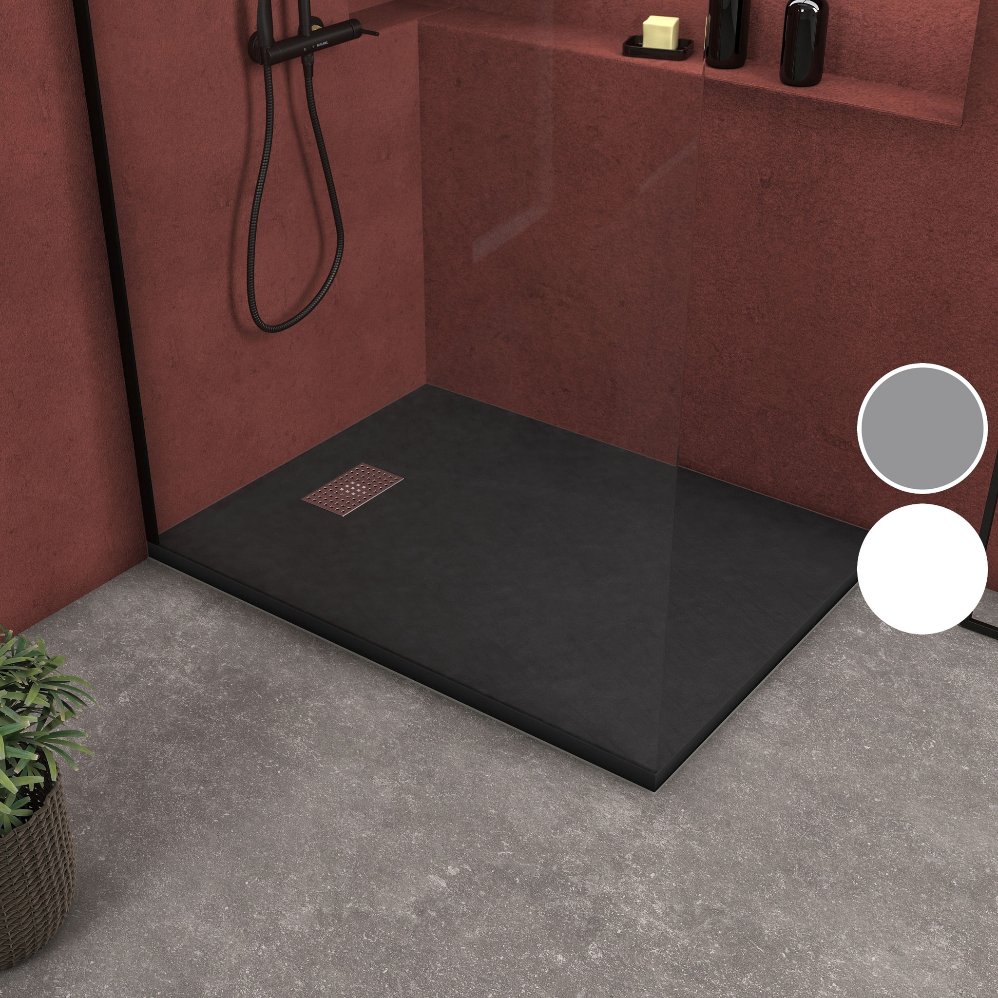 Receveur de douche Noir Effet Pierre 90x120 cm et Grille décor Perforée en Inox