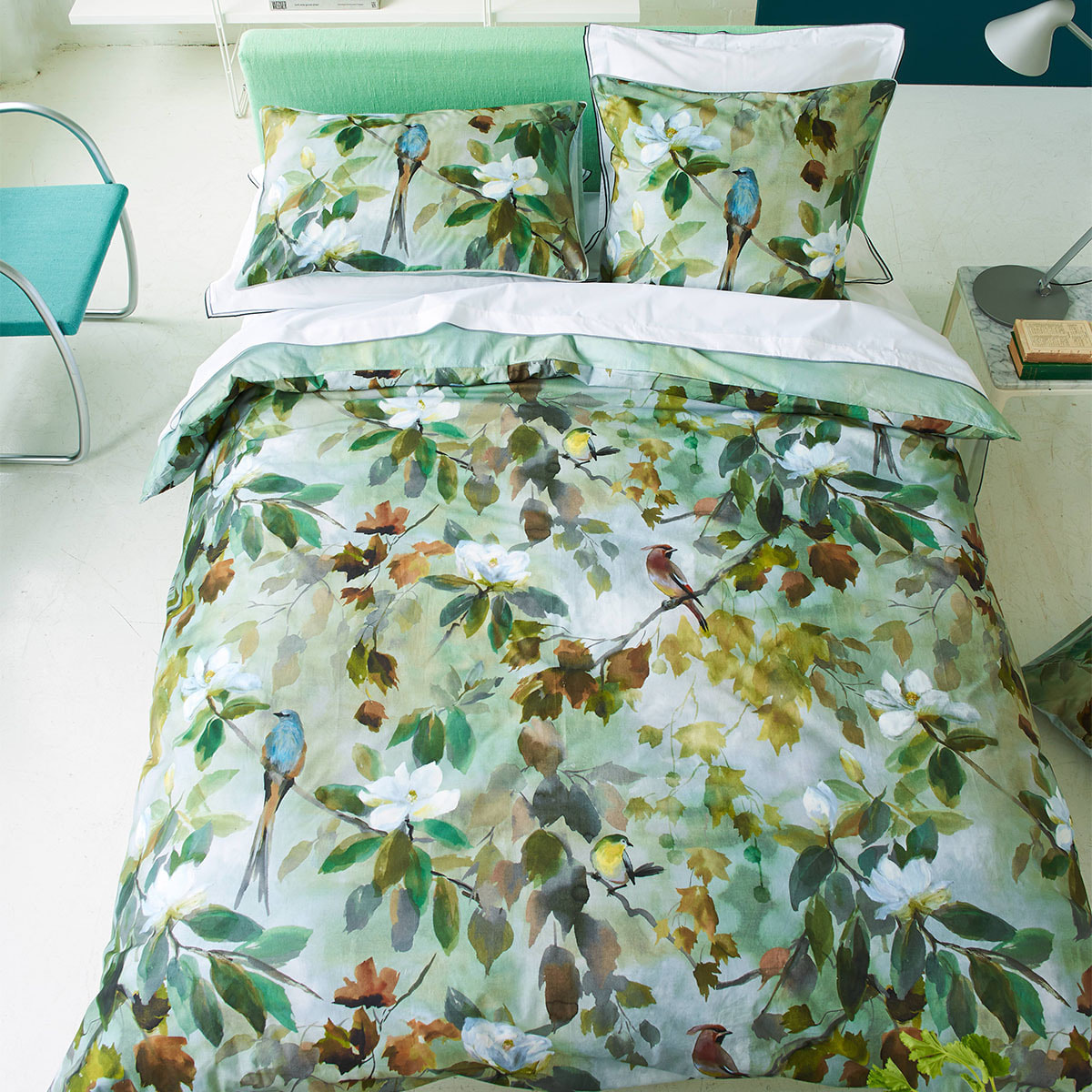 Housse de couette imprimée en percale de coton, MAPLE TREE CELADON, Bleu