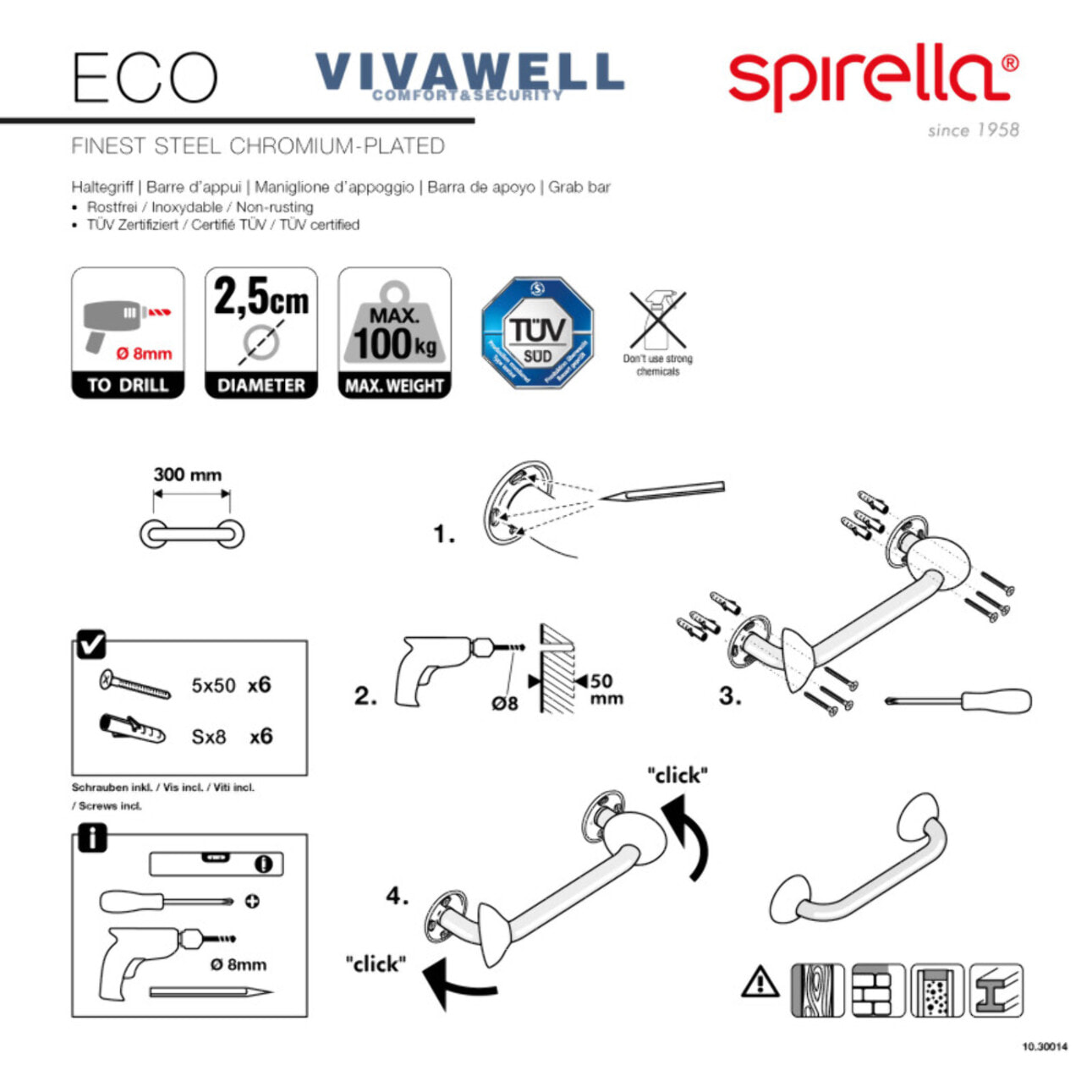 Spirella Barre de redressement ou d'appui ECO Acier Inox 30cm Chromé