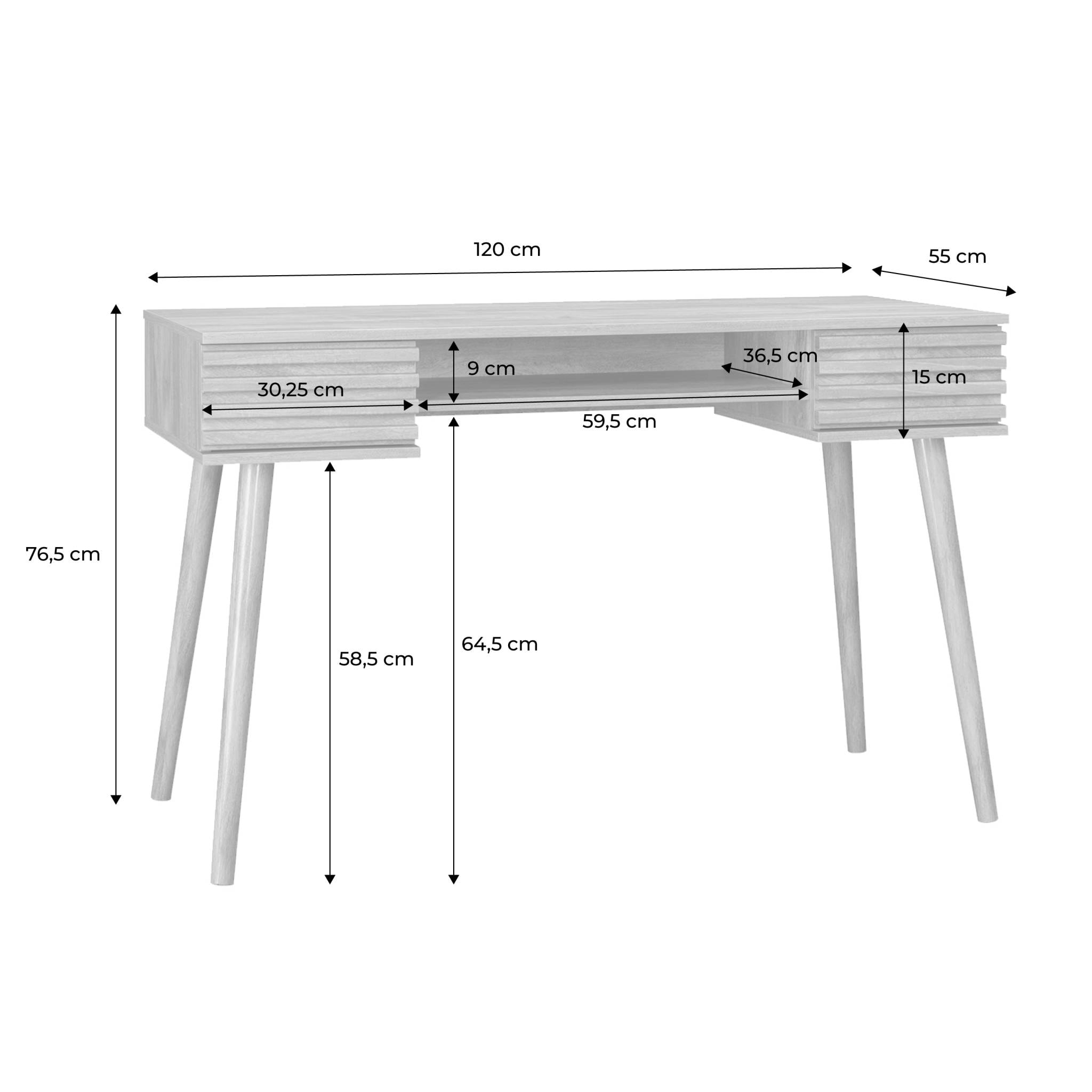 Bureau effet bois 2 tiroirs MADERE naturel. 1 casier. façade rainurées. 120 x 55 x 76.5 cm