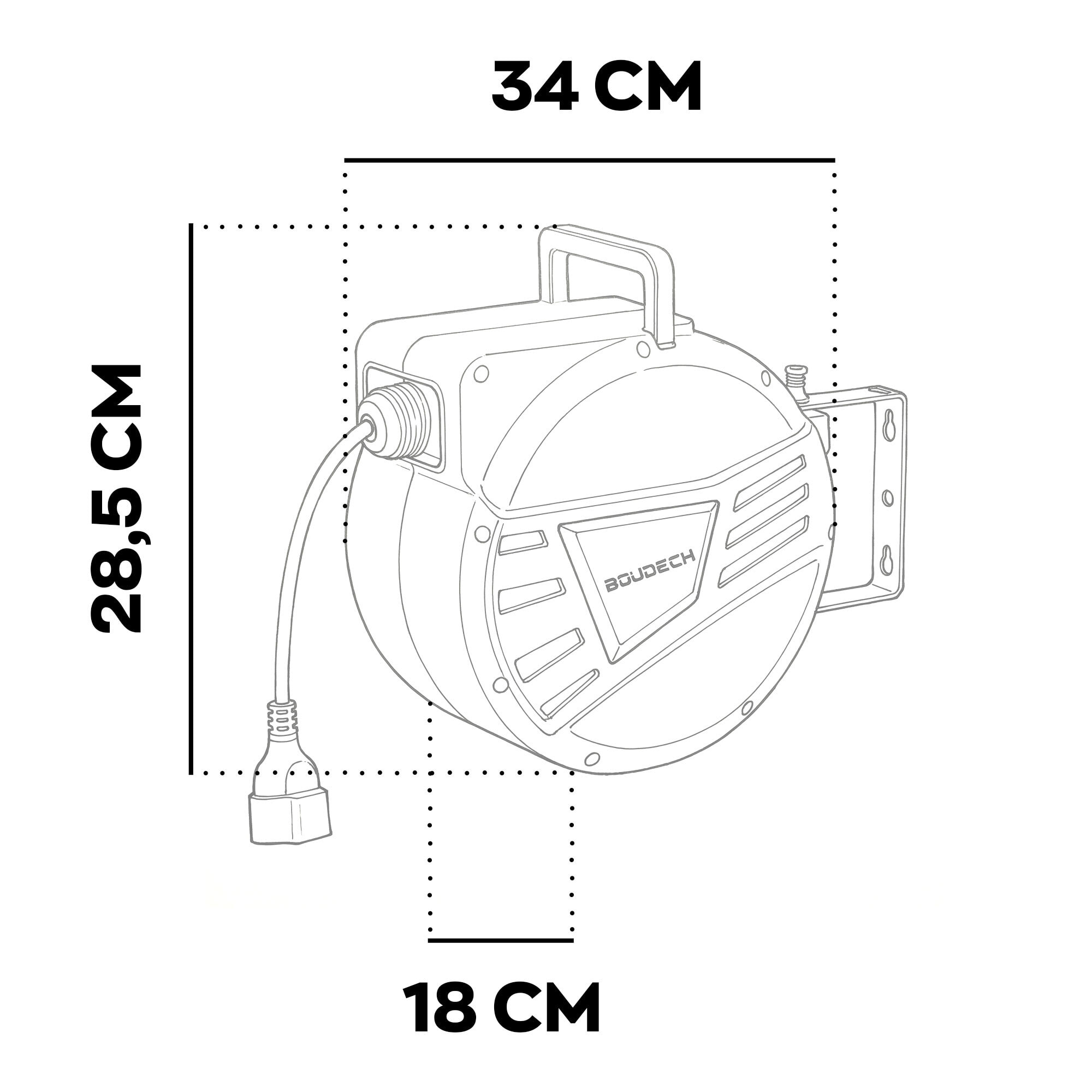 Denki 15 - Avvolgicavo Elettrico Automatico da Parete 15 m per esterno interno 250V Attacco Shuko in Polypropylene Nero