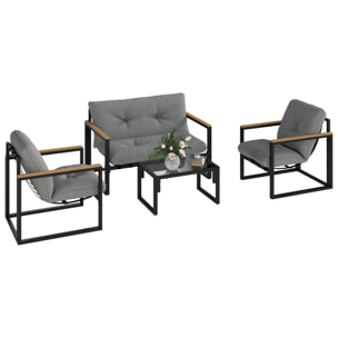 Conjunto de Jardín Exterior de 4 Piezas Muebles Jardín Exterior con 2 Sillones y 1 Sofá de 2 Plazas con Cojines y Mesa de Centro con Tablero de Vidrio Templado Gris y Negro
