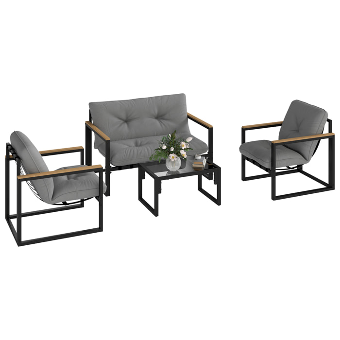 Conjunto de Jardín Exterior de 4 Piezas Muebles Jardín Exterior con 2 Sillones y 1 Sofá de 2 Plazas con Cojines y Mesa de Centro con Tablero de Vidrio Templado Gris y Negro