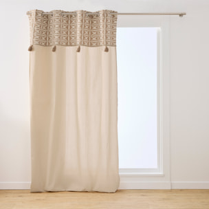 Rideau tamisant à œillets en polycoton avec jacquard et pompons - Naturel