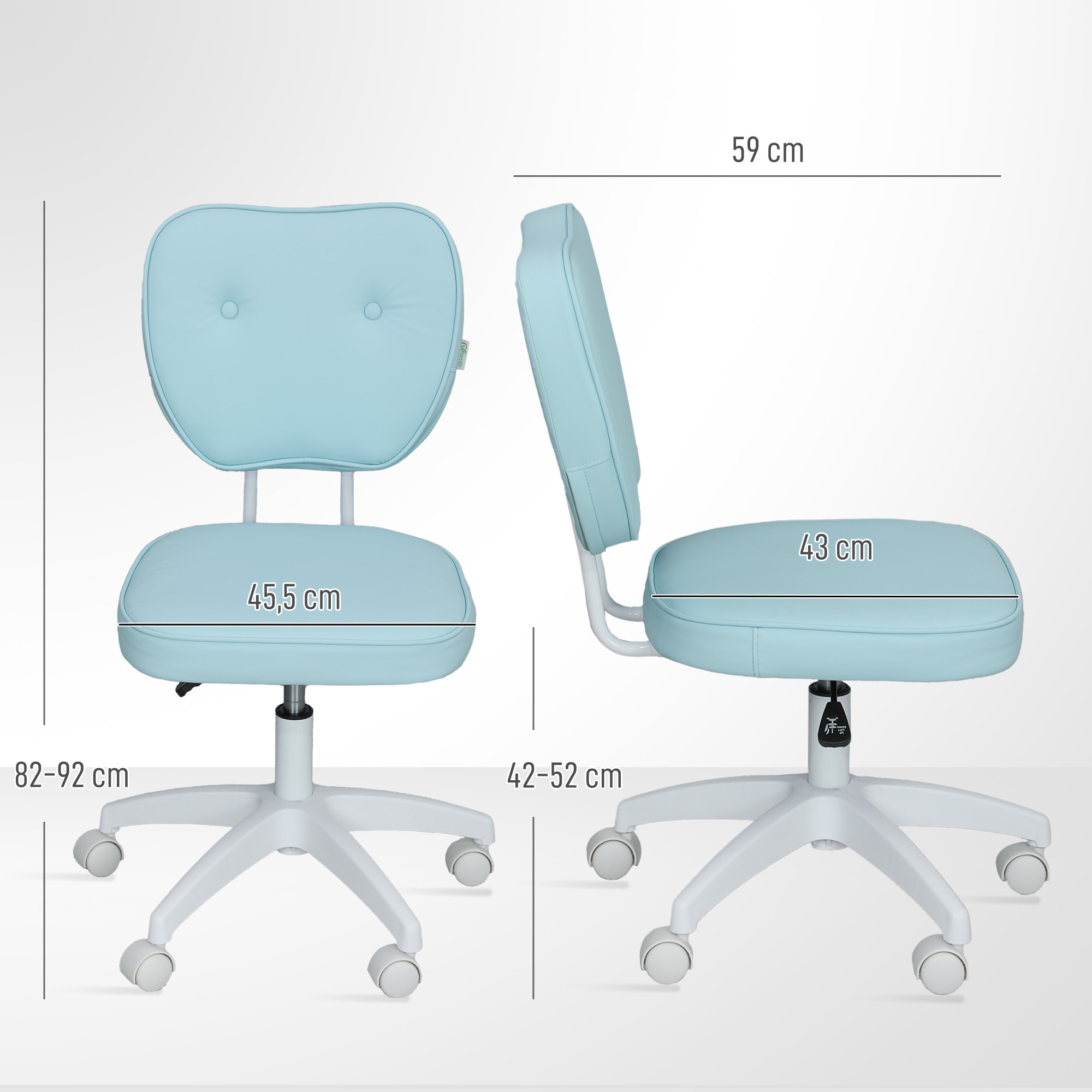 Silla de Escritorio Tapizada en PU Silla de Oficina Giratoria con Altura Ajustable sin Brazos Carga 120 kg para Estudio Dormitorio 46x59x82-92 cm Azul Claro