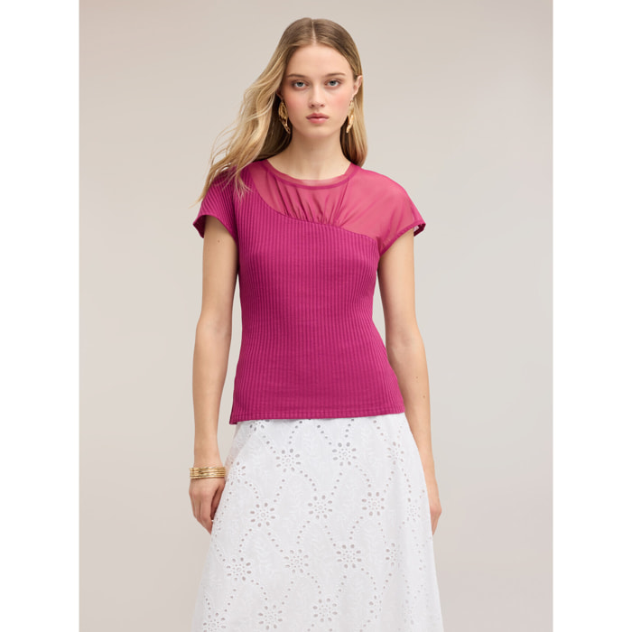 Motivi - Camiseta bimatérica con detalle drapeado - Fuchsia