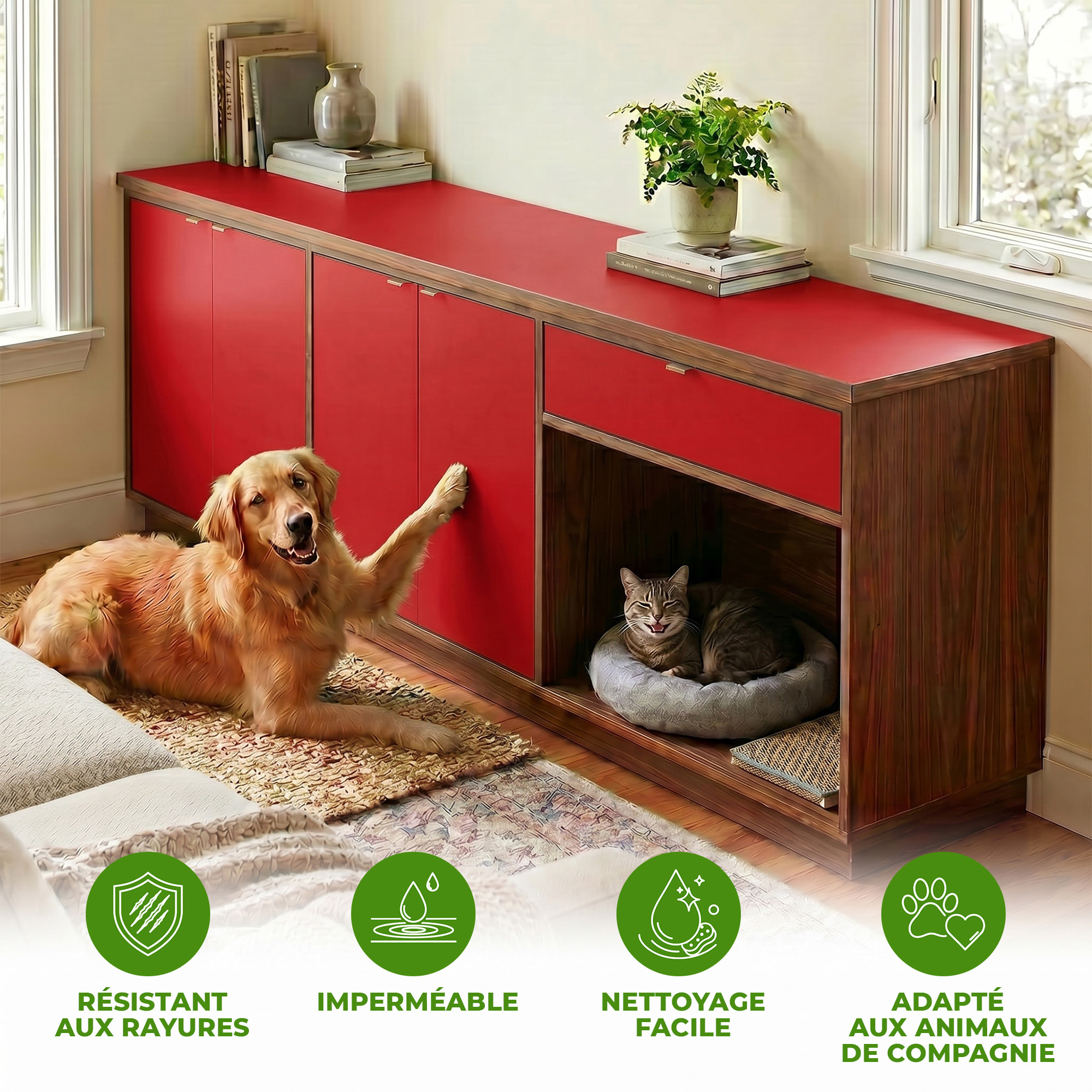 Rouleau adhésif décoratif Vinyle au Mètre - Rouge cerise - Sticker Lavable Imperméable Mur Cuisine Meubles