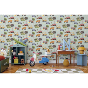Papier peint engins chantier animaux fond vert