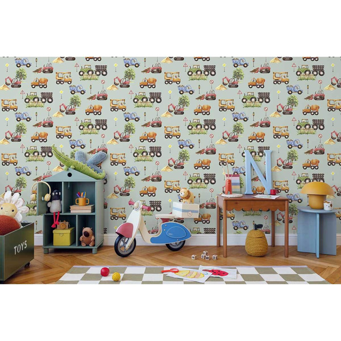 Papier peint engins chantier animaux fond vert