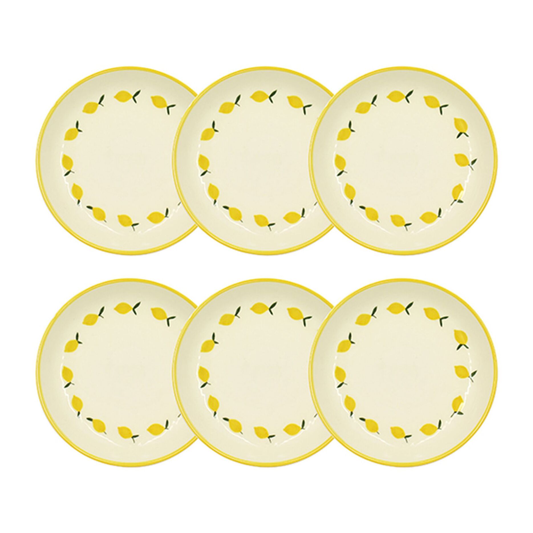 Lot de 6 assiettes creuses 20,5cm en grès jaune et blanc motif citron CITRON