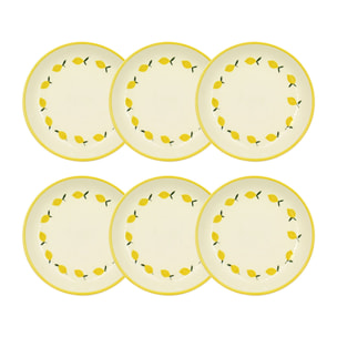 Lot de 6 assiettes creuses 20,5cm en grès jaune et blanc motif citron CITRON