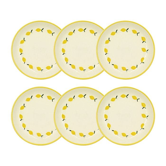 Lot de 6 assiettes creuses 20,5cm en grès jaune et blanc motif citron CITRON