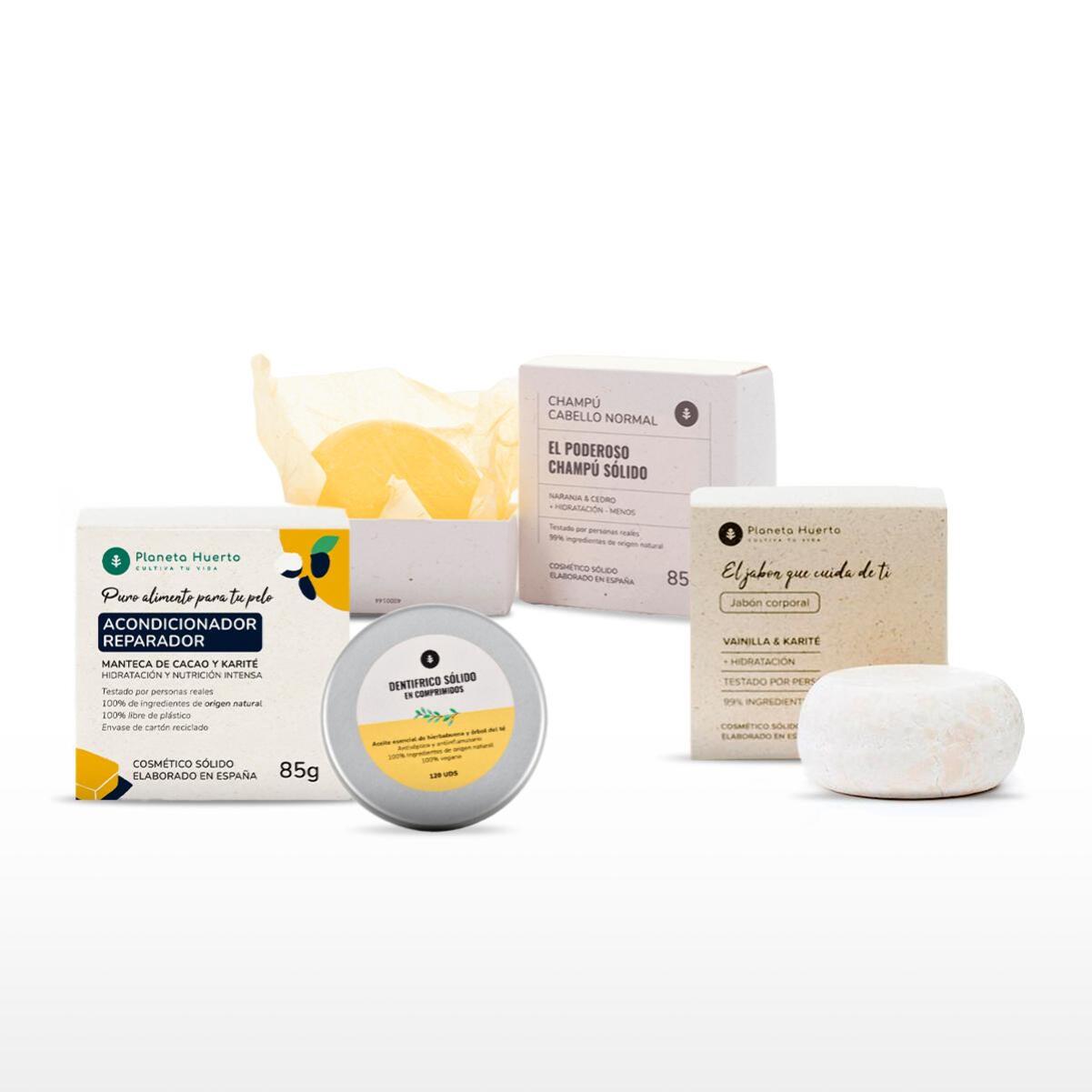 PLANETA HUERTO | Pack Cosmética Zero Waste – Jabón Sólido, Champú Sólido y Acondicionador Sólido, Cuidado Natural y Sostenible