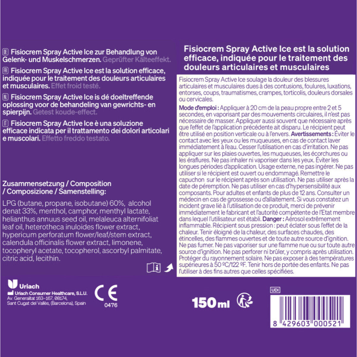 Fisiocrem Spray Active - Dispositif Médical Effet Froid - Soulagement Douleurs Musculaires & Articulaires - Arnica, Calendula, Millepertuis - 150 ml