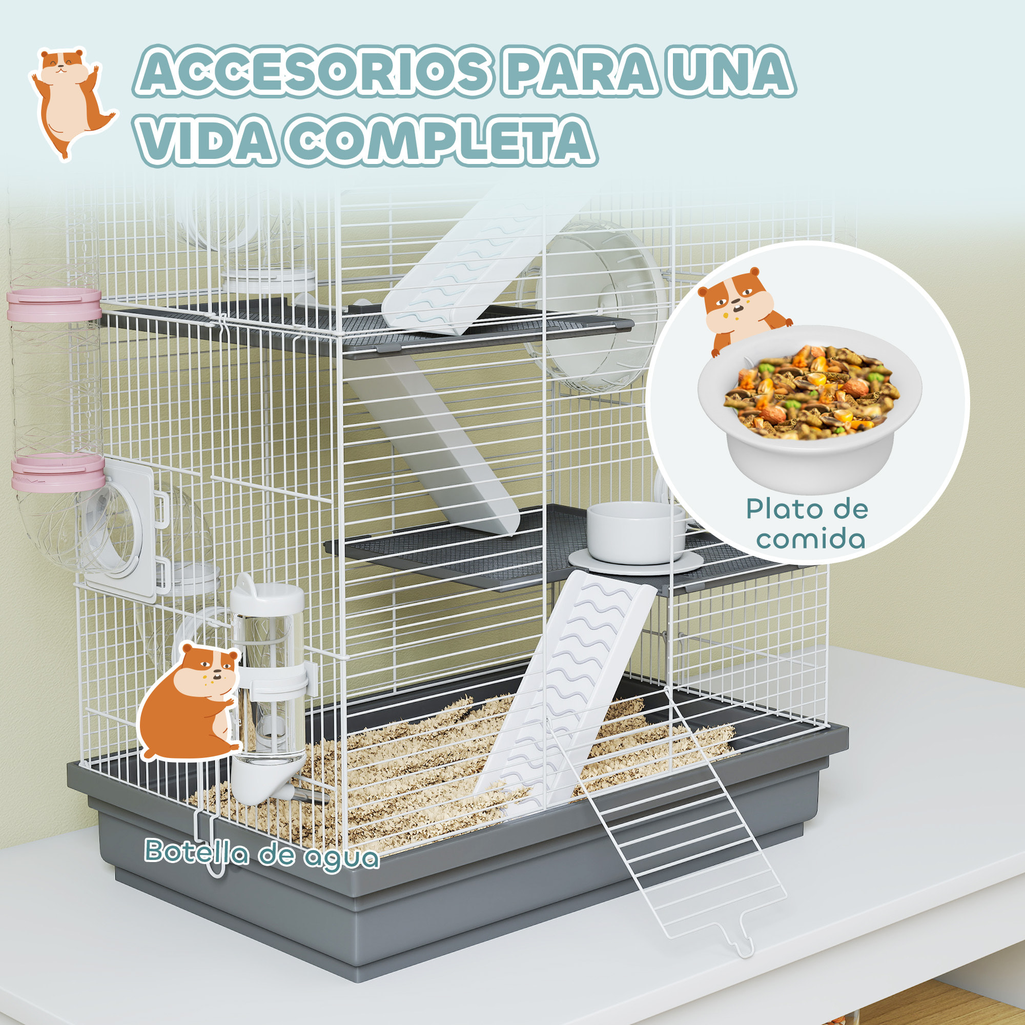 Jaula para Hámster, 47x30x70 cm, Casa para Animales Pequeños con Túnel, Plataformas, Cuenco, Bebedero, Casita, Rampas y Rueda de Ejercicio, para Hámsteres Enanos, Jerbos, Gris