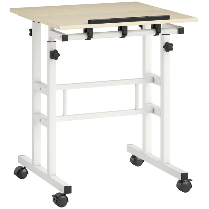 Bureau assis debout inclinable réglable H.70,5-120 cm mobile 2 plateaux métal blanc effet bois clair