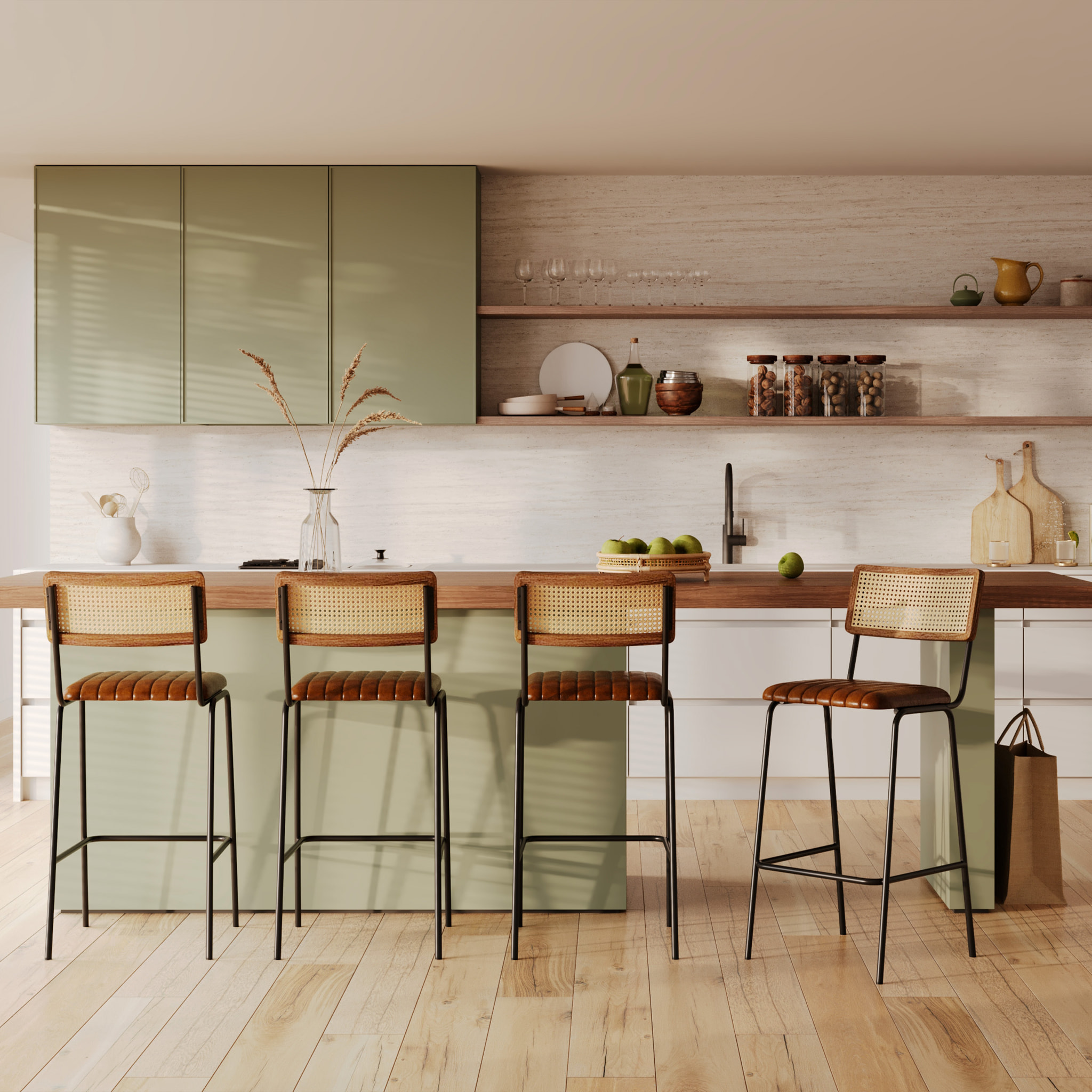 Lot de 2 chaises de bar 76 cm en cannage et cuir marron - Arsène