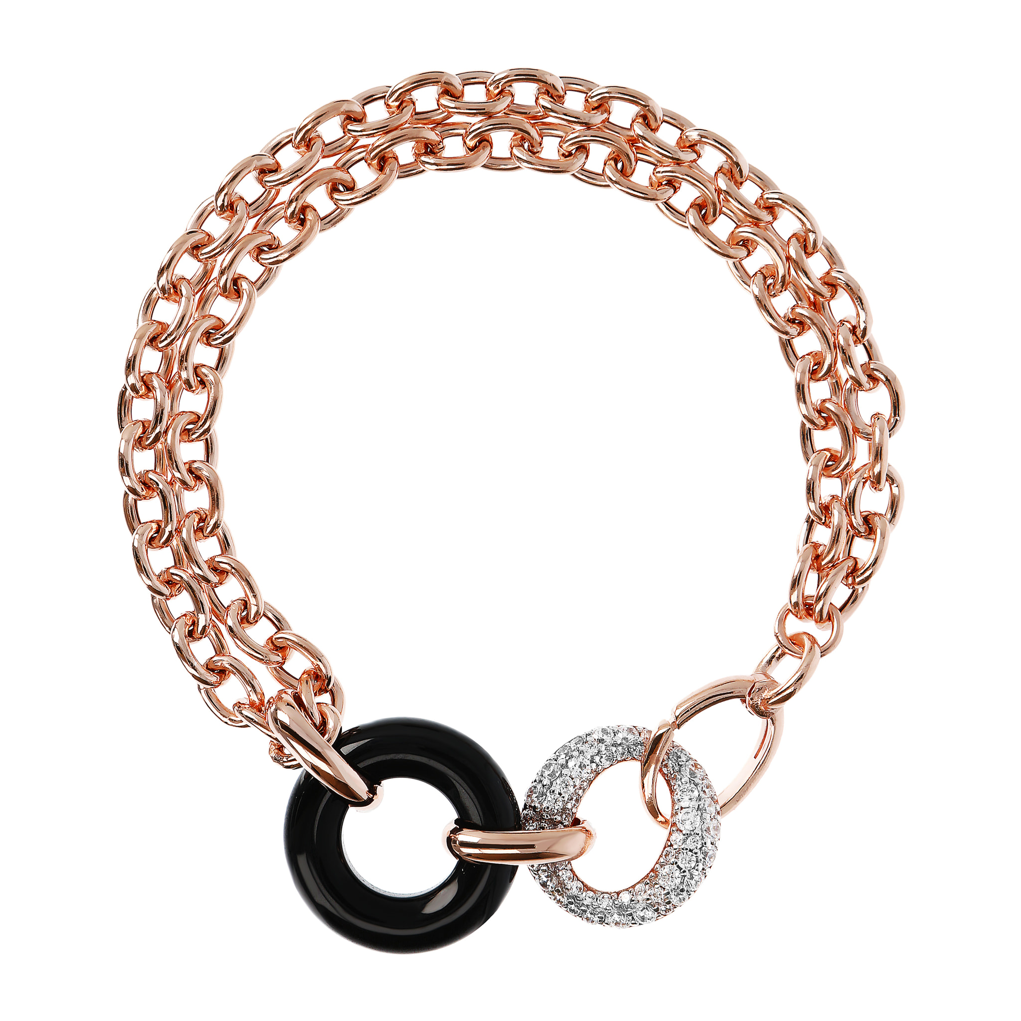 Bracciale Multifilo Catena Rolo con Doppio Cerchio in Pietra Naturale Onice Nero e Cubic Zirconia