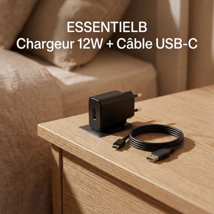 Chargeur + câble ESSENTIELB 12W Smart IC USB-A + Cable USB-C 1M compatible iPhone 17 16 15 Pro Max et Galaxy S25 S24