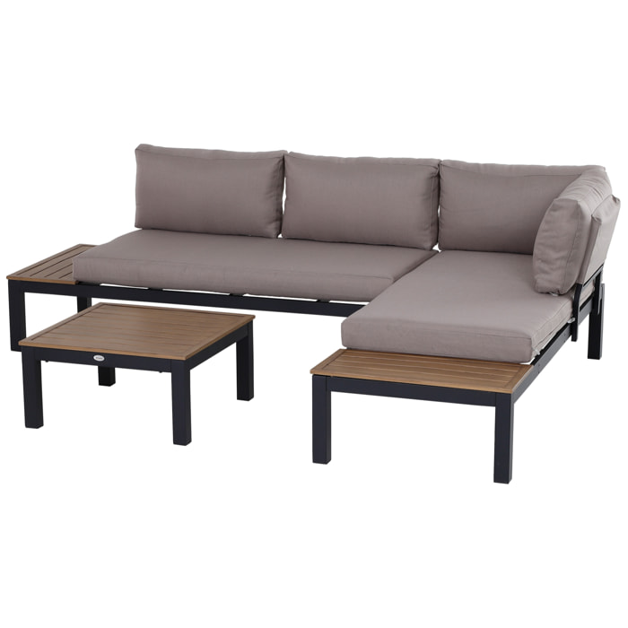 Ensemble salon de jardin d'angle design contemporain 5 places coussins marron table basse alu. noir et imitation bois