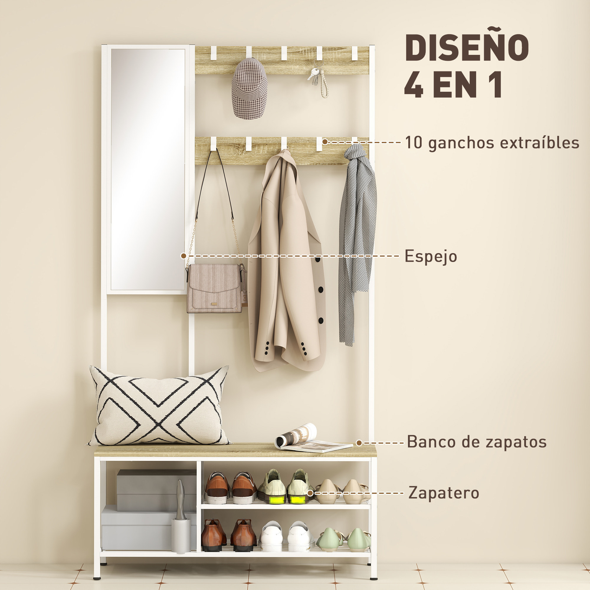 Perchero Zapatero con Espejo, Perchero Entrada Recibidor 4 en 1 con 3 Estantes, Banco, 10 Ganchos Ajustables, Estilo Moderno, para Pasillo, Dormitorio, Salón, 98x34x186 cm, Madera Natural
