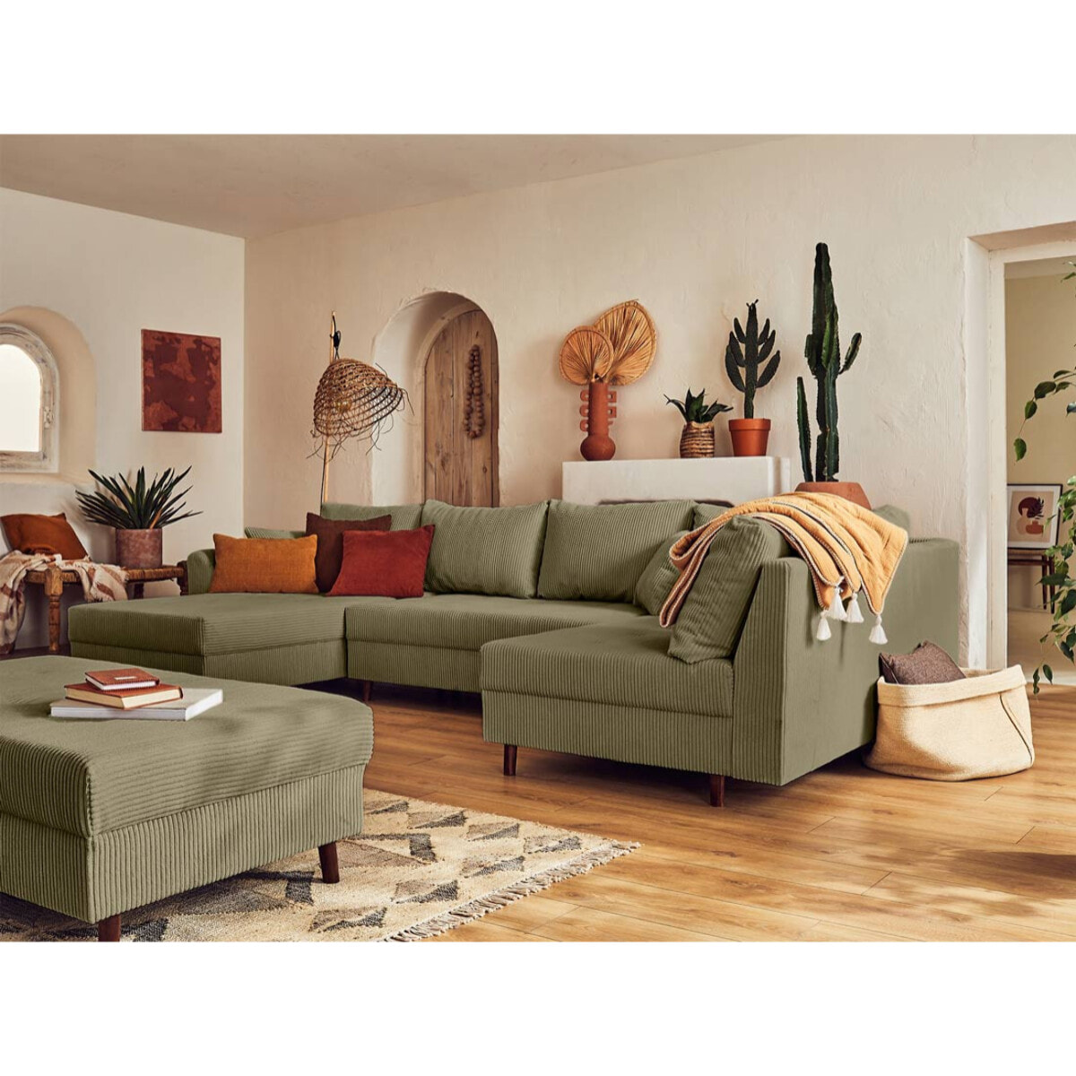Rune - canapé panoramique d'angle droit - 7 places - avec pouf d'appoint - en velours côtelé - Vert