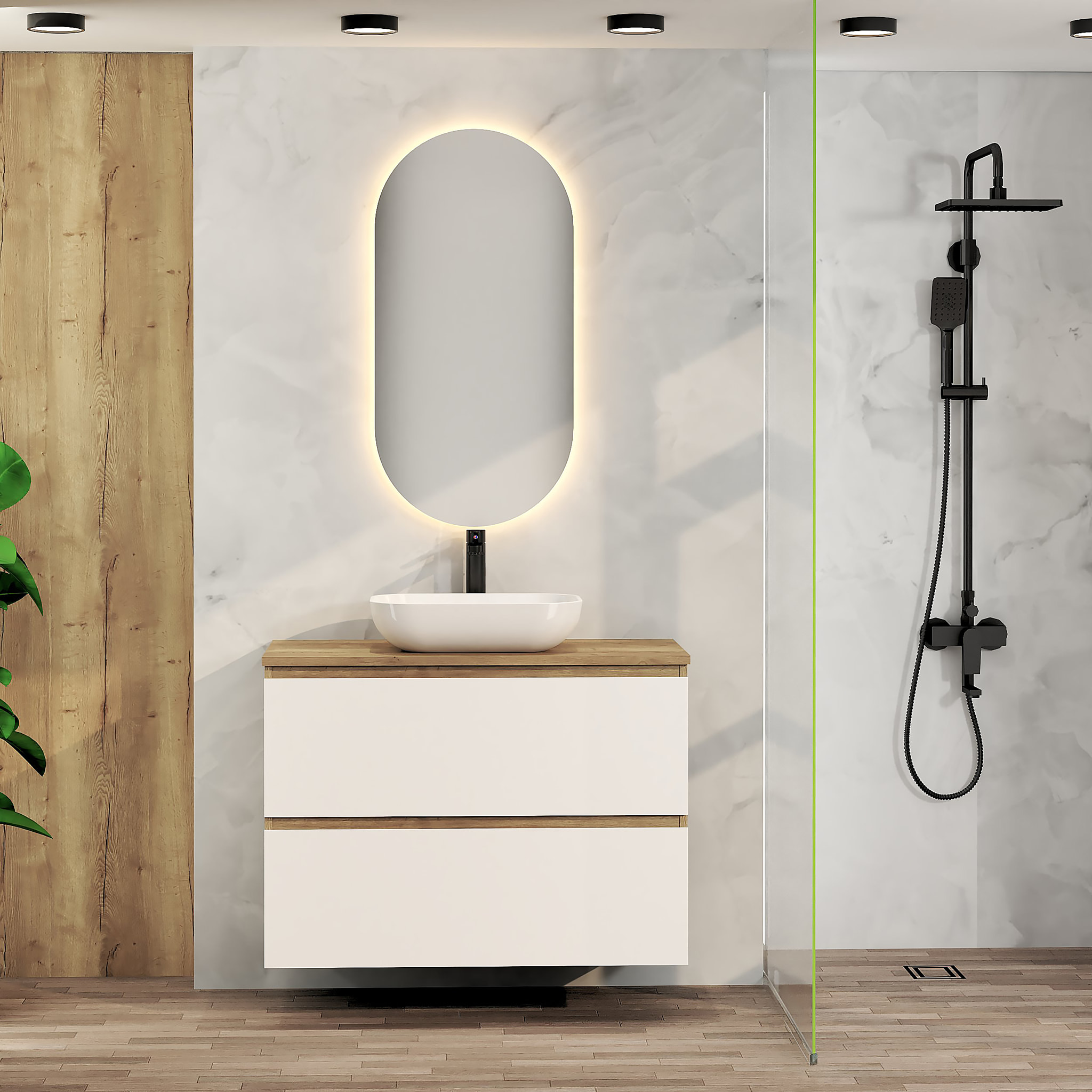 CONJUNTO DE BAÑO NIA | MUEBLE SUSPENDIDO | 90 CM BLANCO | DOS CAJONES | LAVABO SOBREPUESTO | NO INCLUYE ESPEJO | MUEBLE MONTADO| ALDAY