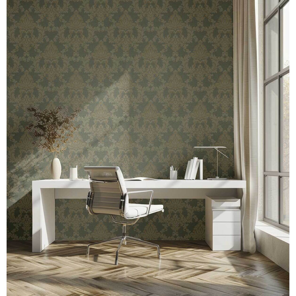 Papier peint baroque médaillon doré fond vert