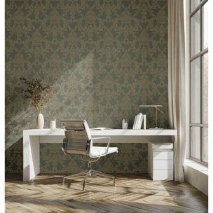 Papier peint baroque médaillon doré fond vert