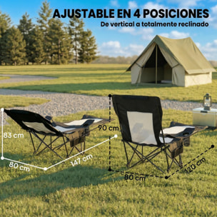 Outsunny Conjunto de 2 Sillas Plegables Camping Tumbonas Camping Portátiles con Respaldo Ajustable 4 Niveles Reposapiés Desmontable Reposacabezas Portavasos Bolsillo Lateral Bolsa Carga 120 kg Negro