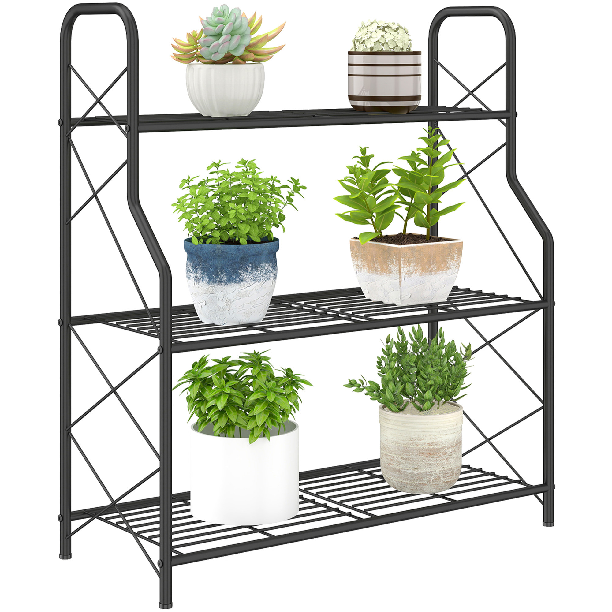Soporte para Plantas de 3 Niveles para Interior y Exterior, Estantería para Plantas de Metal con Patas Ajustables y Asas, Resistente y Estable, para Macetas, Patio, Jardín, Balcón, Negro