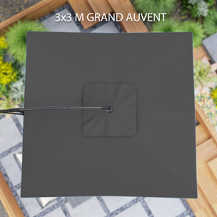 Parasol déporté carré 3 x 3 m réglable piètement croix manivelle tissu haute densité 180g/m² UPF50+ gris