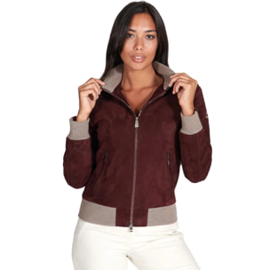 Bomber in pelle scamosciata bordeaux collo in lana merino