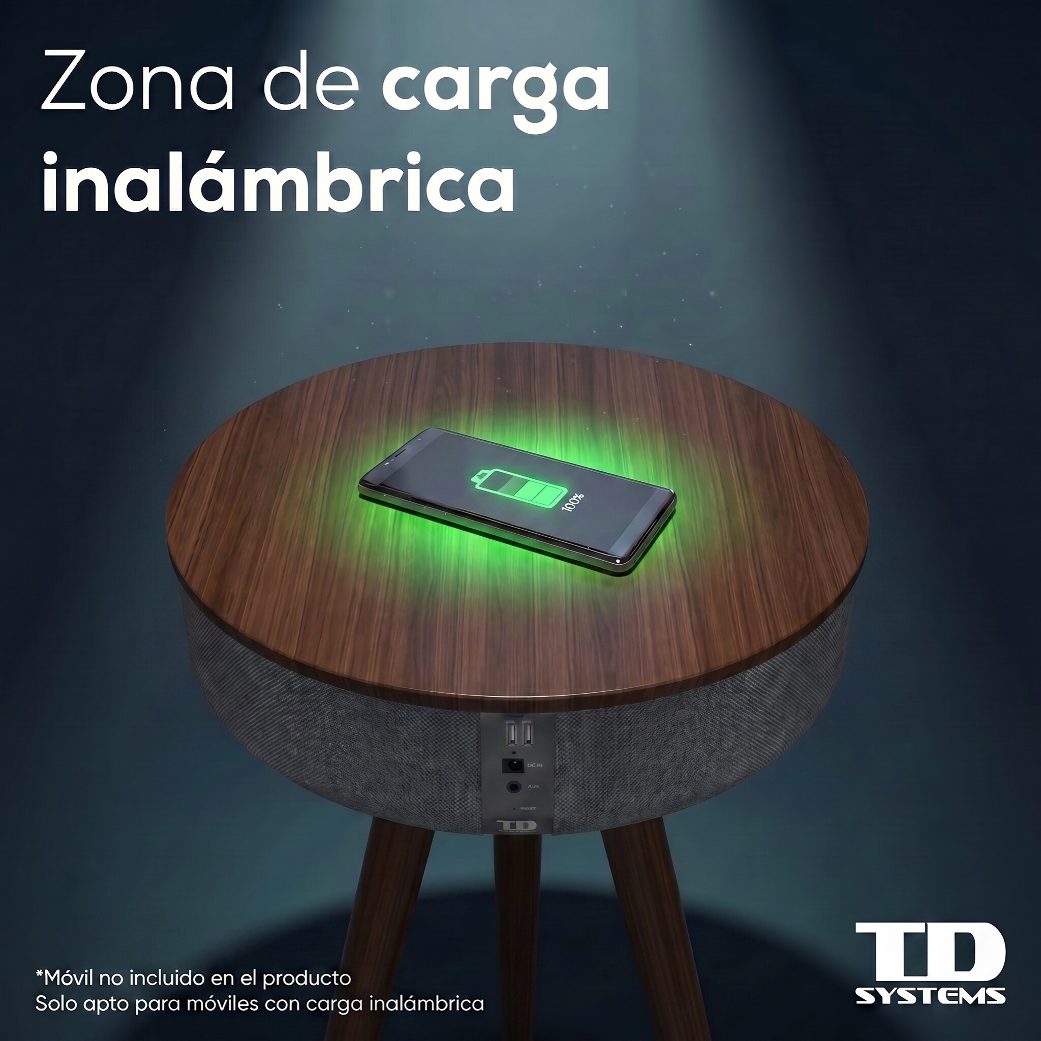 Mesa auxiliar altavoz portátil con sonido de 30W, Bluetooth, base de carga inalámbrica, batería de 2200mAh. Mesilla o mesita para dormitorio o sala de estar - TD Systems SM30B11WR [Madera roble]