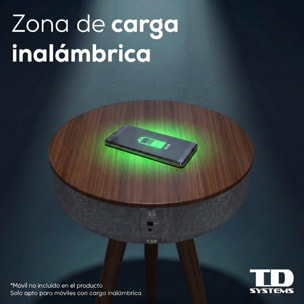 Mesa auxiliar altavoz portátil con sonido de 30W, Bluetooth, base de carga inalámbrica, batería de 2200mAh. Mesilla o mesita para dormitorio o sala de estar - TD Systems SM30B11WR [Madera roble]