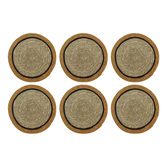 Lot de 6 sets de table en jonc de mer naturel et jaune d38cm IRIS