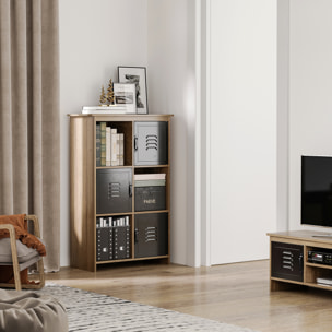 Bibliothèque design industriel - meuble de rangement 3 niches 3 casiers - panneaux particules aspect bois veinage portes métal noir