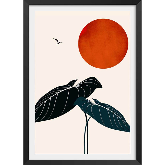 Affiche fleurs ""Monstera au soleil rouge"" Affiche + cadre en bois - Noir