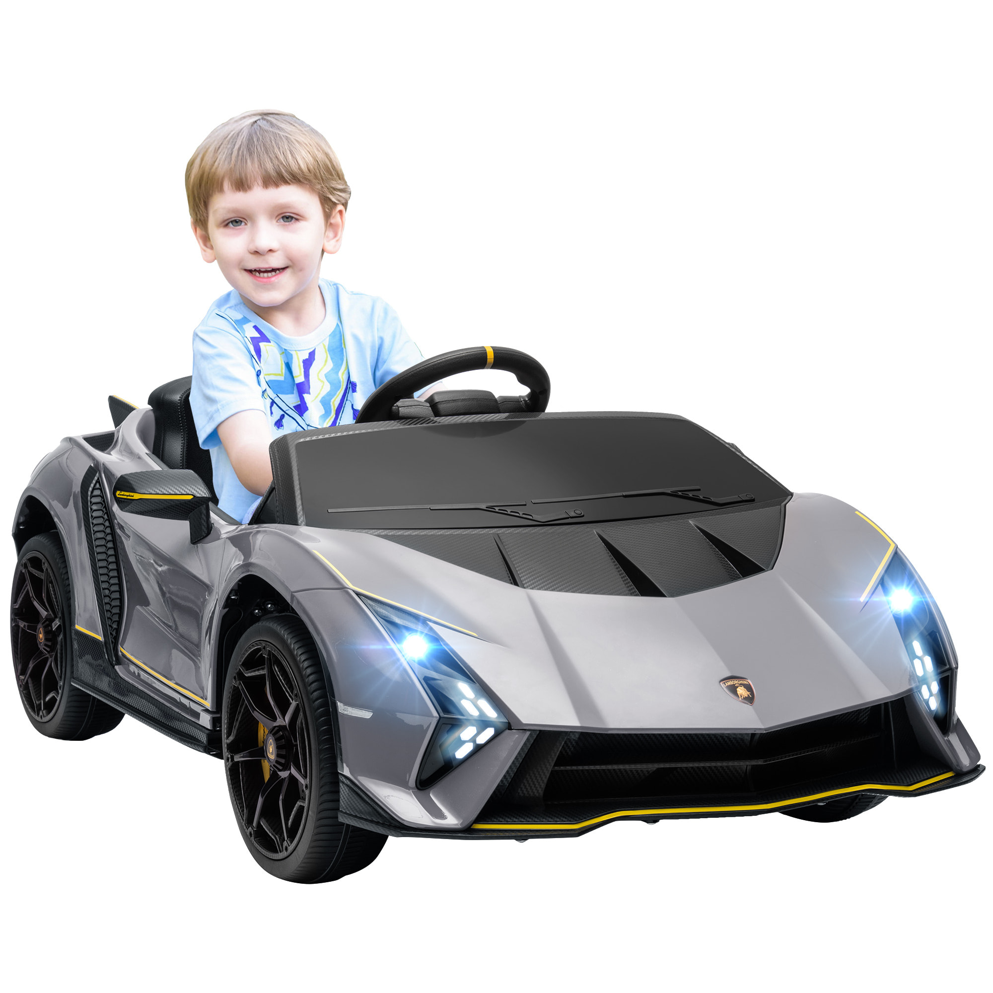 Coche Eléctrico para Niños de +3 Años Lamborghini Autentica Coche Eléctrico con Batería 12V Mando a Distancia Faros Bocina Arranque Suave y Música MP3 Gris