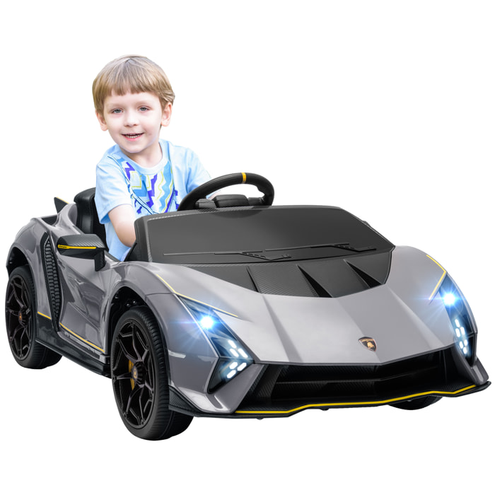 Coche Eléctrico para Niños de +3 Años Lamborghini Autentica Coche Eléctrico con Batería 12V Mando a Distancia Faros Bocina Arranque Suave y Música MP3 Gris