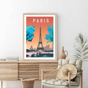 Affiche ville retro Paris France Affiche + cadre en bois - Chêne