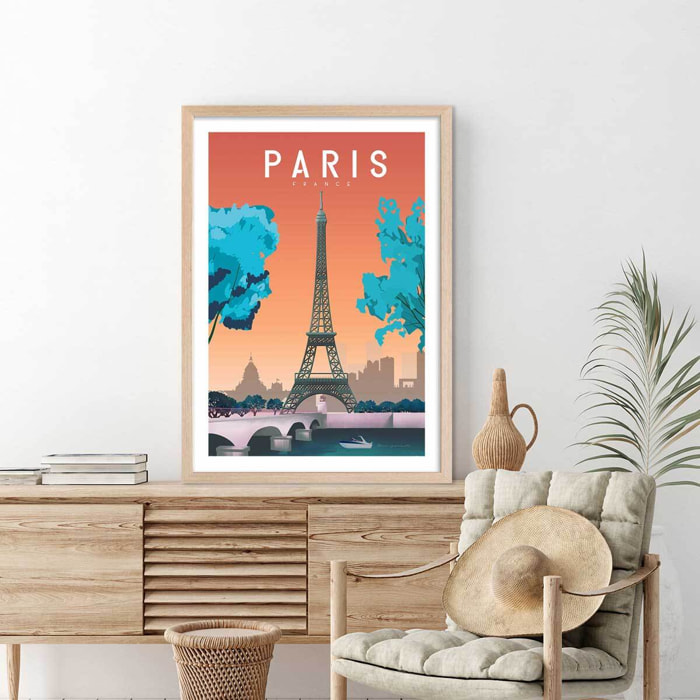 Affiche ville retro Paris France Affiche + cadre en bois - Chêne