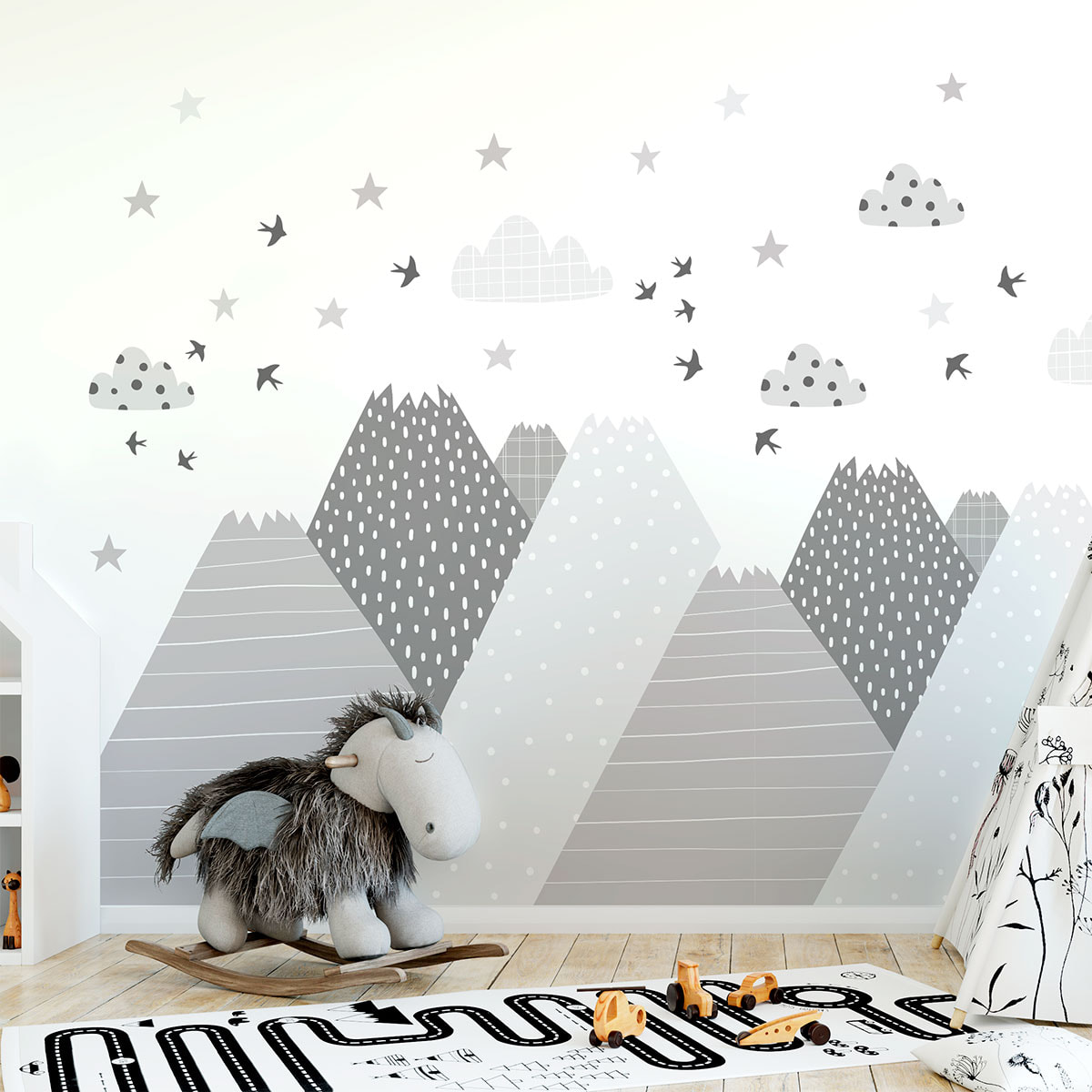 Stickers muraux enfants - Décoration chambre bébé - Autocollant Sticker mural géant enfant montagnes scandinaves ROCKA