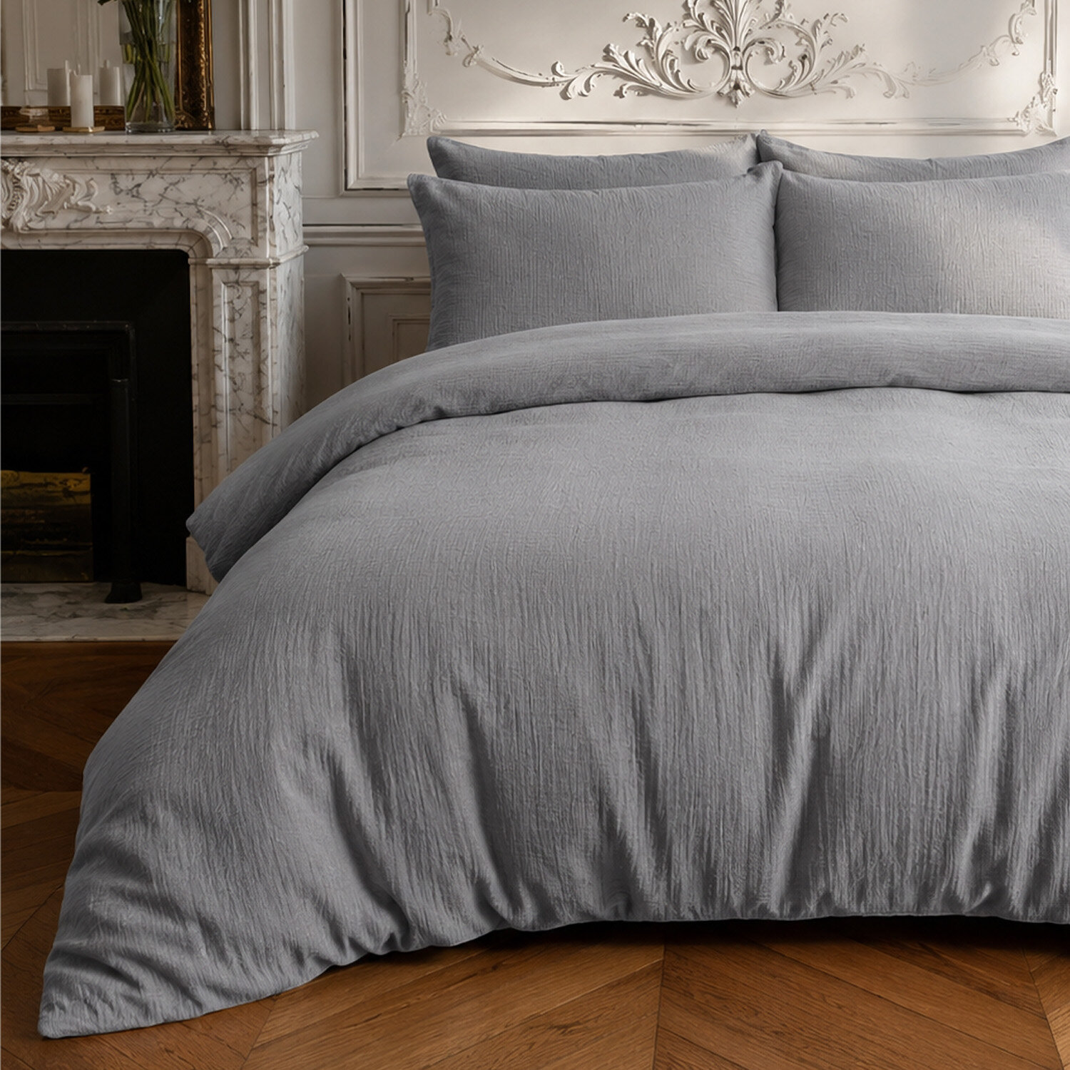 Parure housse de couette 100% gaze de coton unie gris charbon, RELAX
