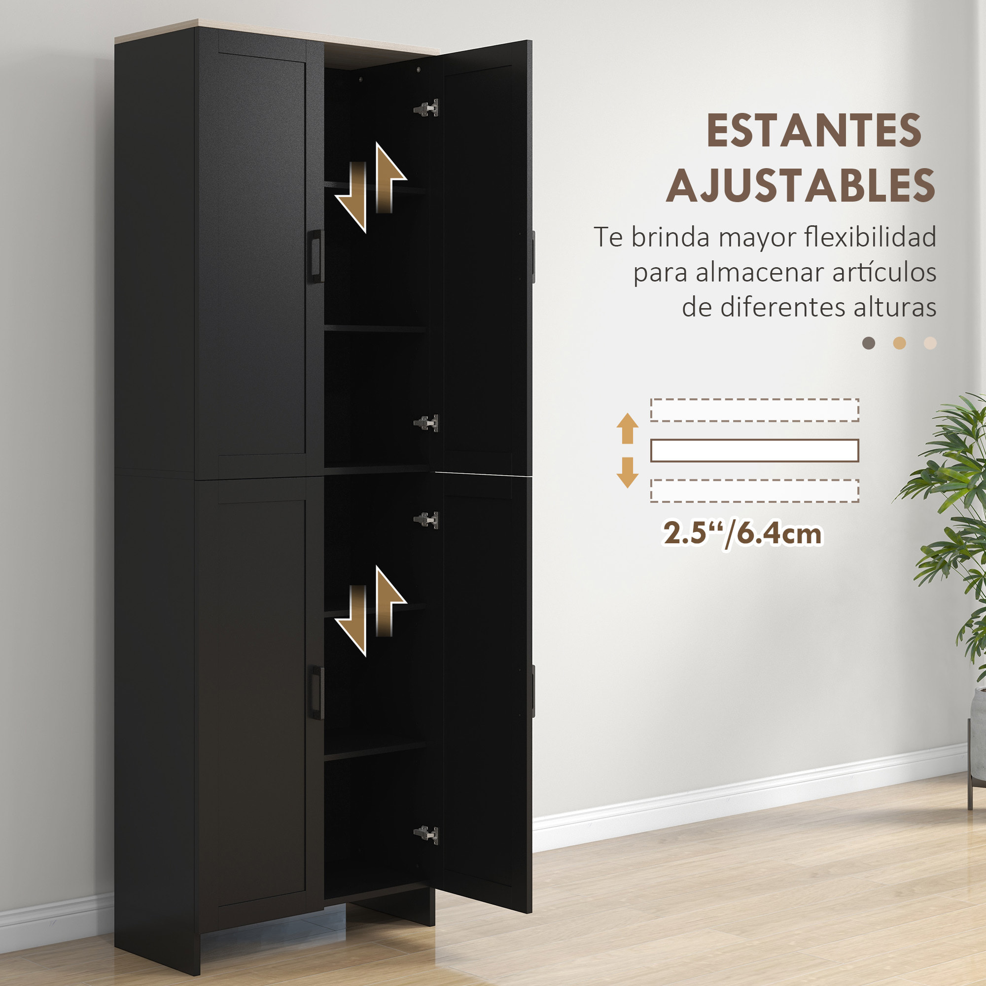 Alacena de Cocina Armario de Cocina Mueble Auxiliar de Cocina con Puertas y Estantes Ajustables Antivuelco para Comedor Salón 60x30x170,5 cm Negro