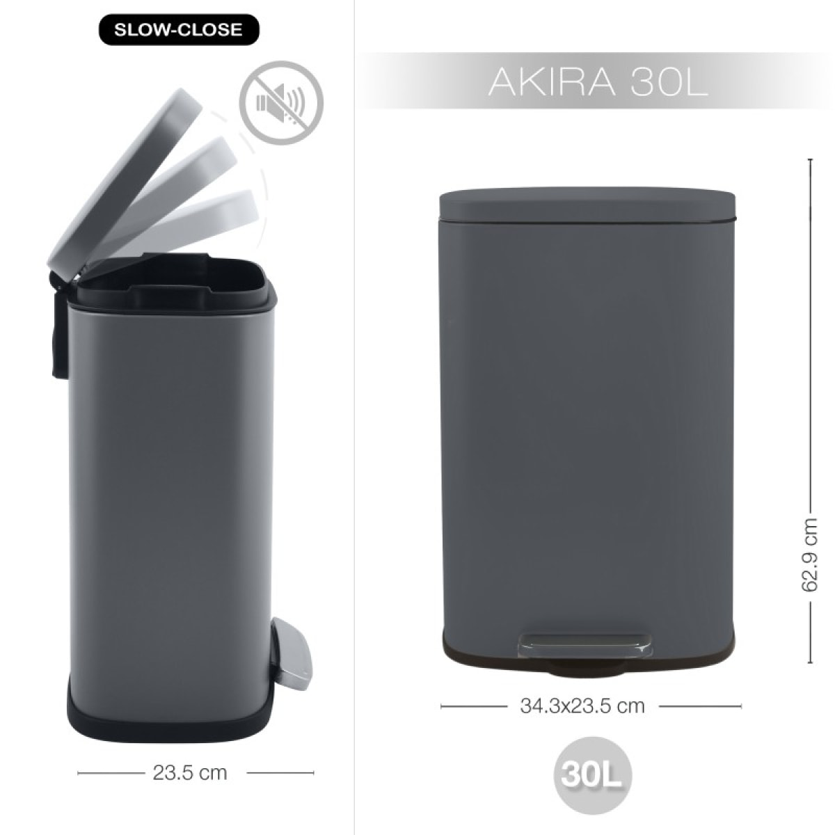 Poubelle à pédale de cuisine Acier AKIRA 30L Gris mat Spirella