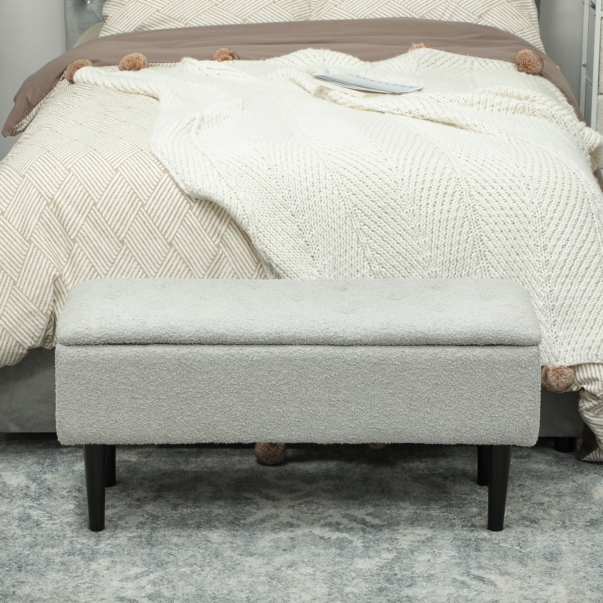 Puff Almacenaje, Banco Almacenaje Plegable, Capacidad de 47 L, 95x38x45 cm, Tapizado en Borreguito, Pie de Cama con Tapa Abatible y Patas de Madera, para Salón, Dormitorio, Entrada, Gris