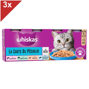 WHISKAS 12 Boîtes en gelée aux poissons pâtée pour chat 390g (3x4)